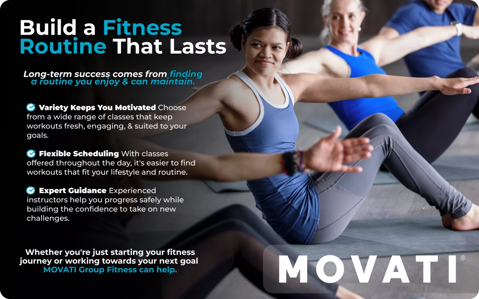 People participating in a MOVATI group fitness class, doing seated exercises with focus and determination.