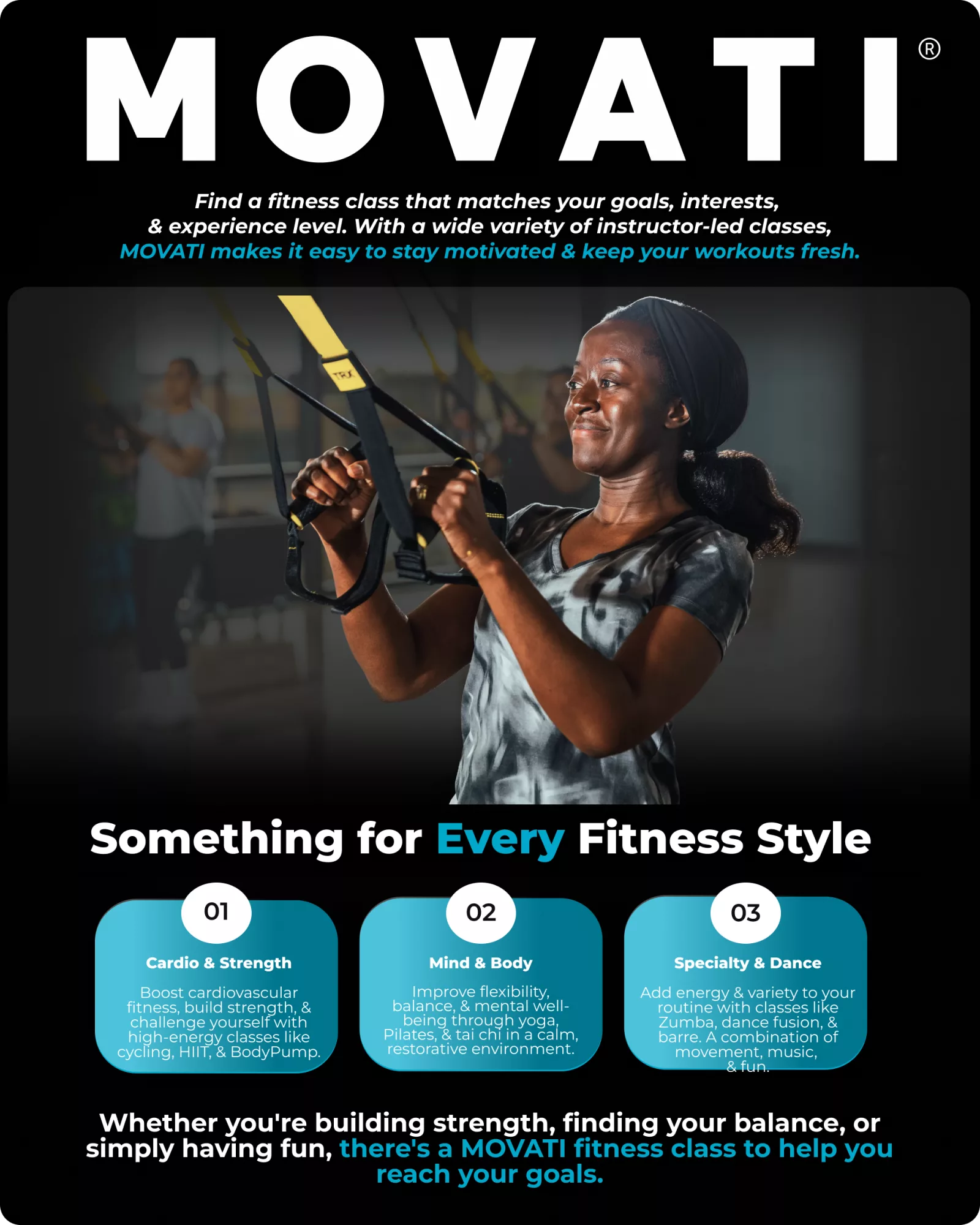 Woman smiling while using TRX straps during a MOVATI group fitness class.