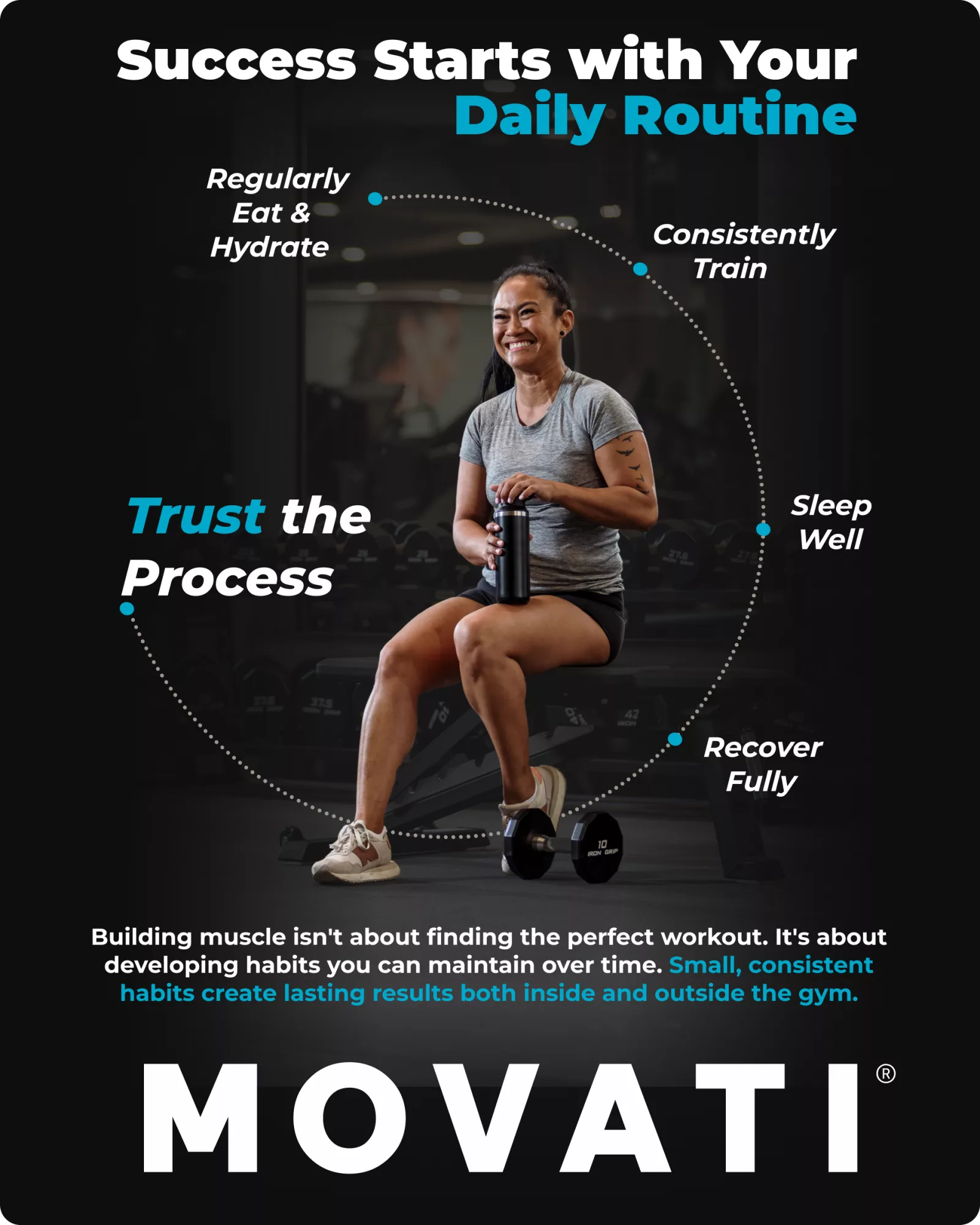 Woman sitting on a bench with a water bottle, surrounded by tips for reasons why you aren't gaining muscle at MOVATI Athletic.