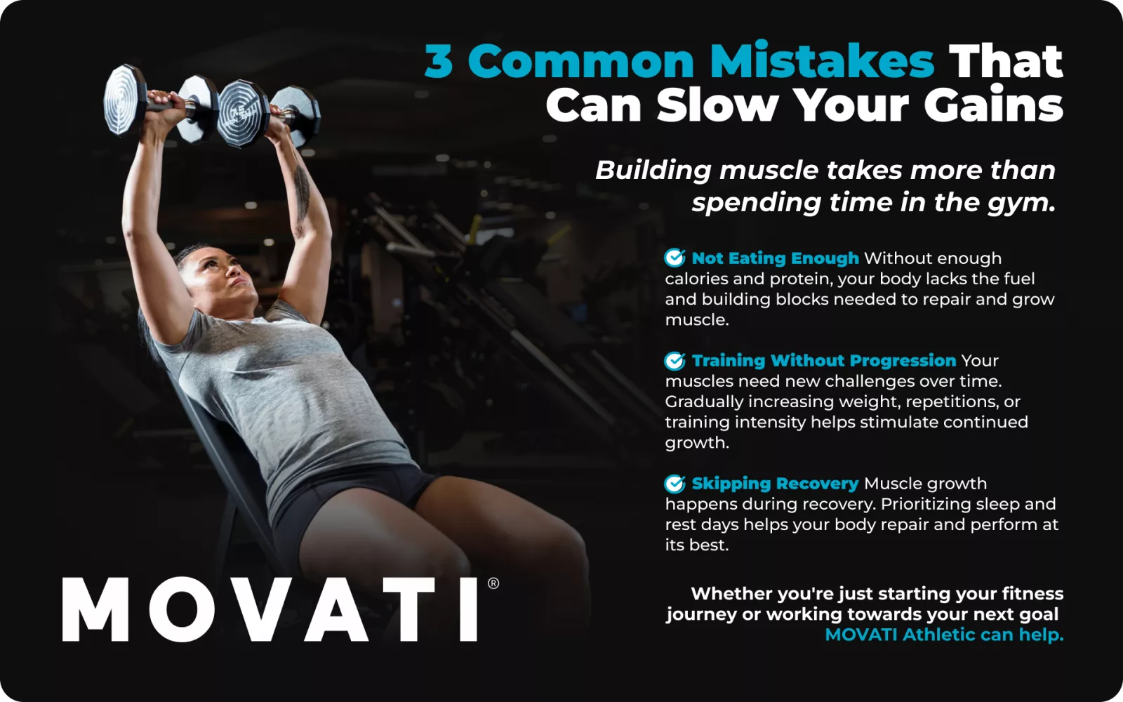 Woman lifting dumbbells in gym highlighting reasons why you aren't gaining muscle with text on common mistakes.