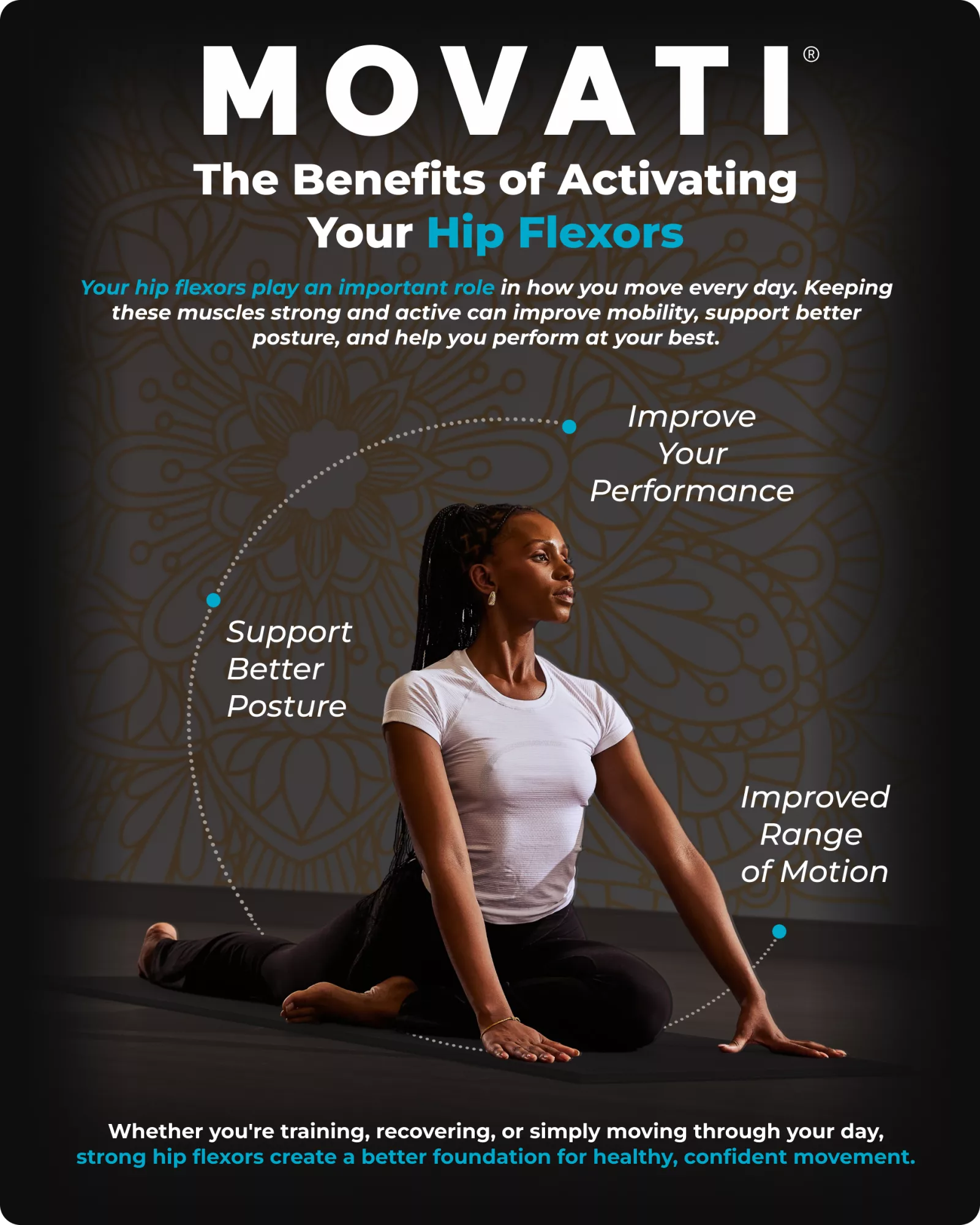 Woman performing a stretch to activate your hip flexors, highlighting benefits like better posture and range of motion.