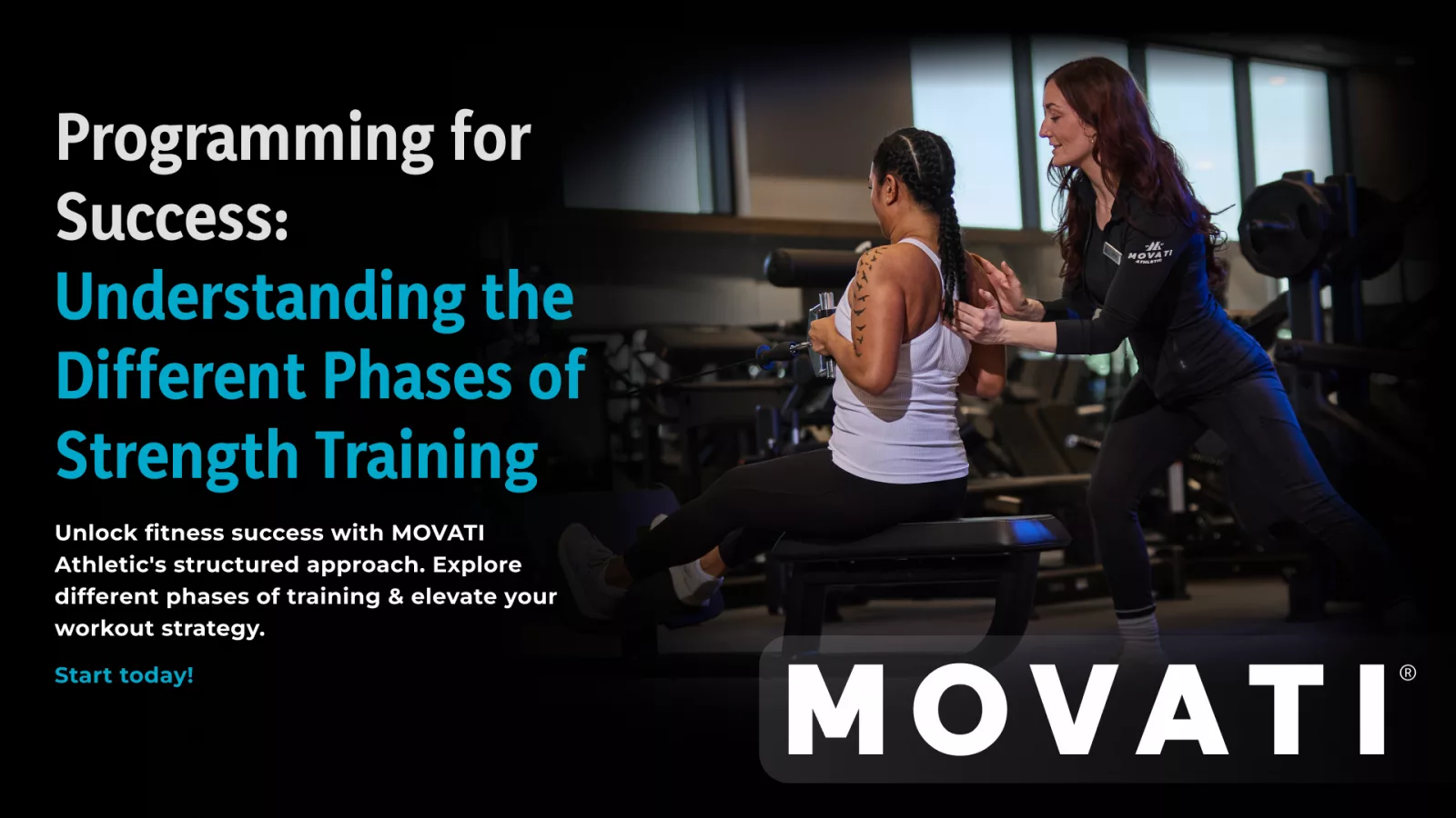 Trainer assisting a woman with exercises, illustrating different phases of training at MOVATI Athletic.