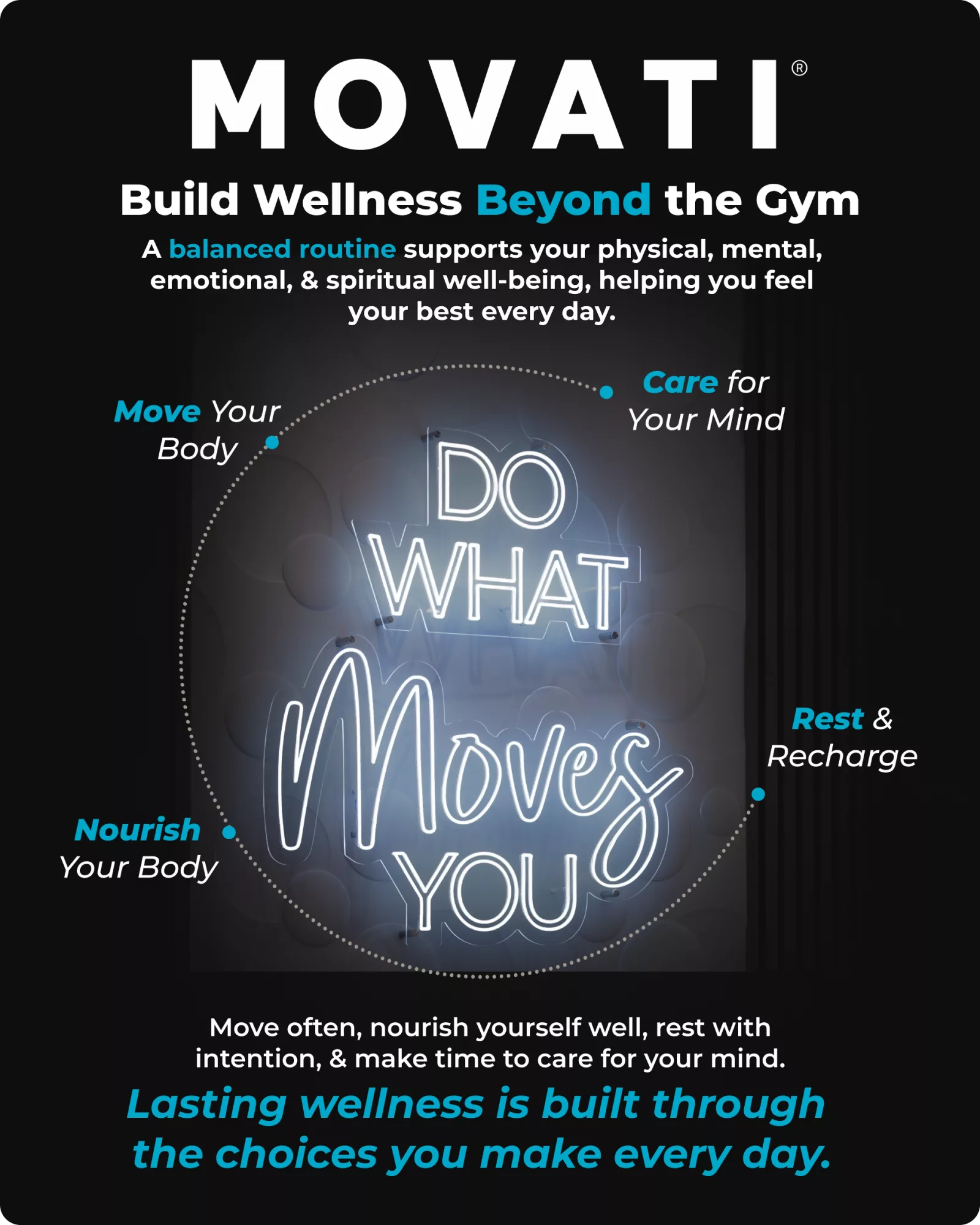 Balanced wellness poster with neon text "Do What Moves You" and tips for mind and body care.