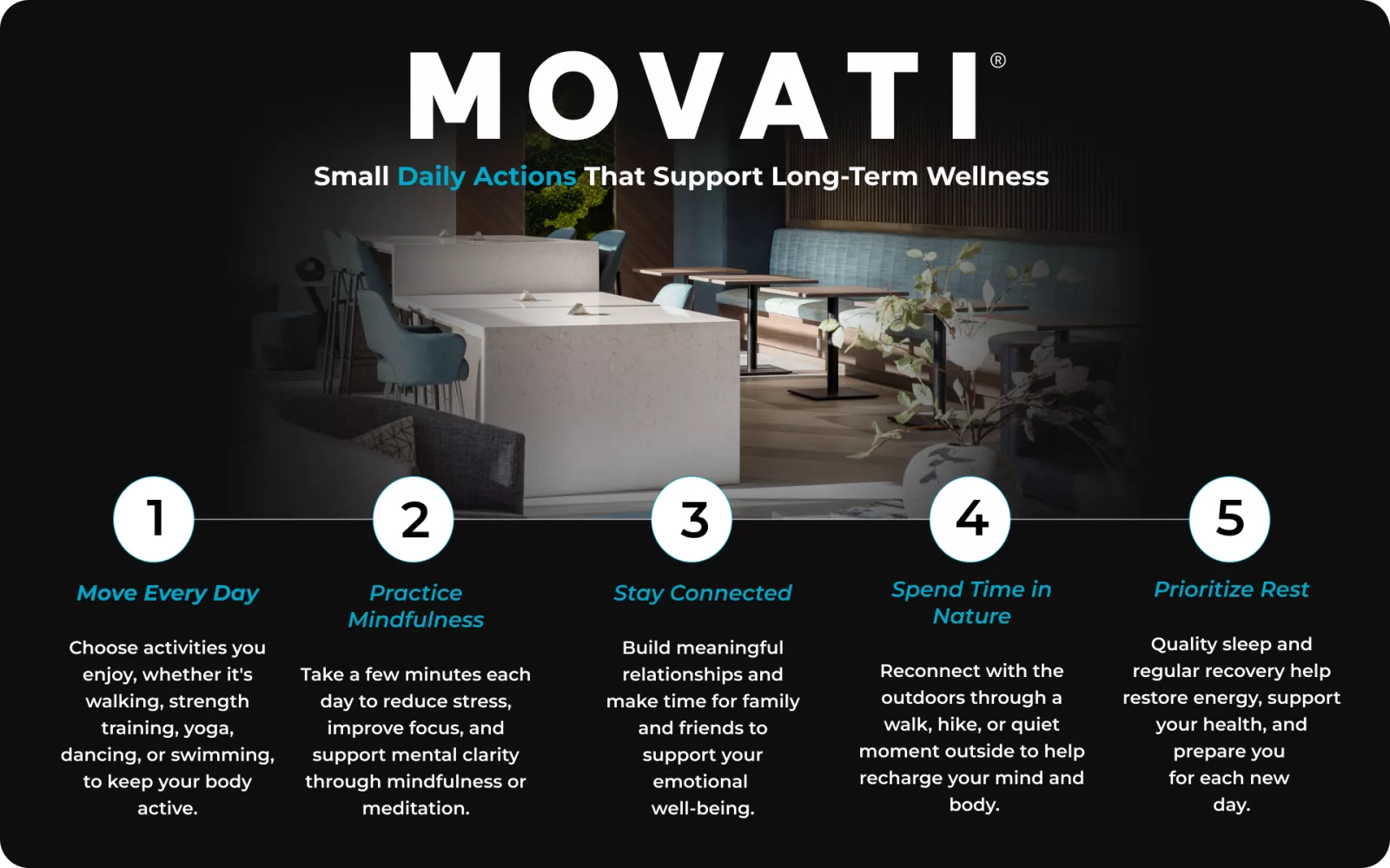 Balanced wellness tips infographic on daily actions for long-term health, featuring movement, mindfulness, connection, nature, and rest.