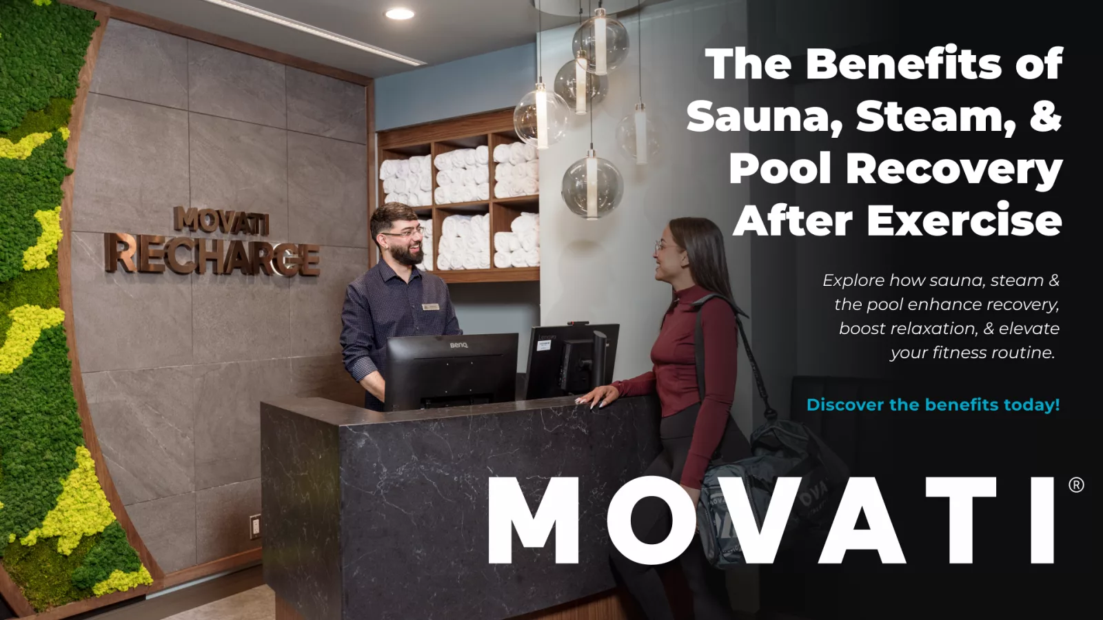 Reception area at a wellness center with a staff member assisting a guest, highlighting sauna and steam recovery benefits.