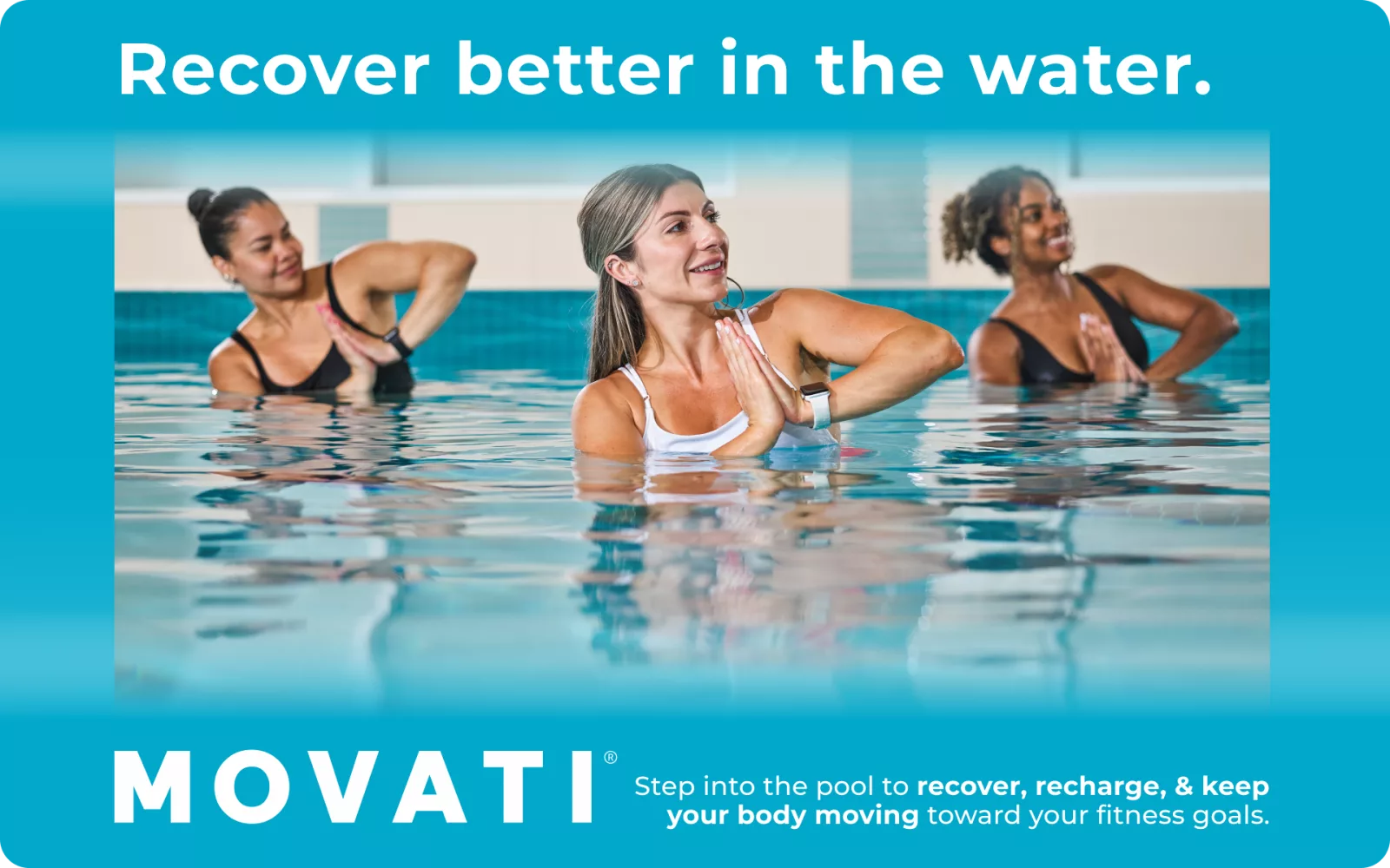Women exercising in a pool, promoting sauna and steam recovery benefits after exercise.