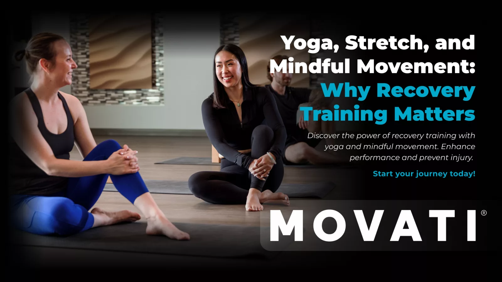 Two women in a yoga studio smiling and stretching, emphasizing the benefits of recovery training.
