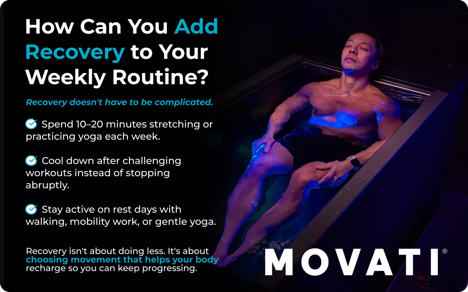 Man experiencing recovery training in a sensory deprivation tank with tips on incorporating recovery into weekly routines.