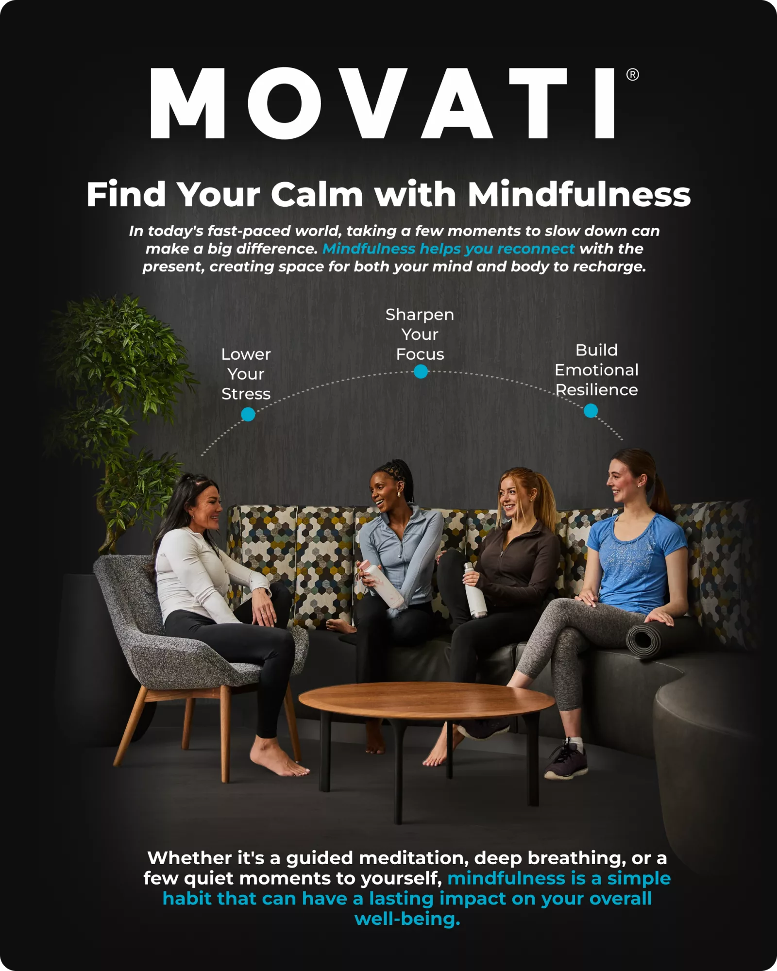 MOVATI Zen Lounge with people relaxing, highlighting mindfulness benefits like stress reduction and emotional resilience.