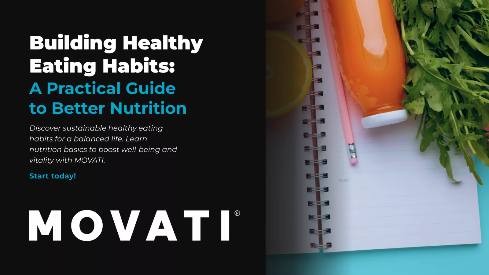 Notebook and orange juice on a table, promoting healthy eating habits and nutrition.