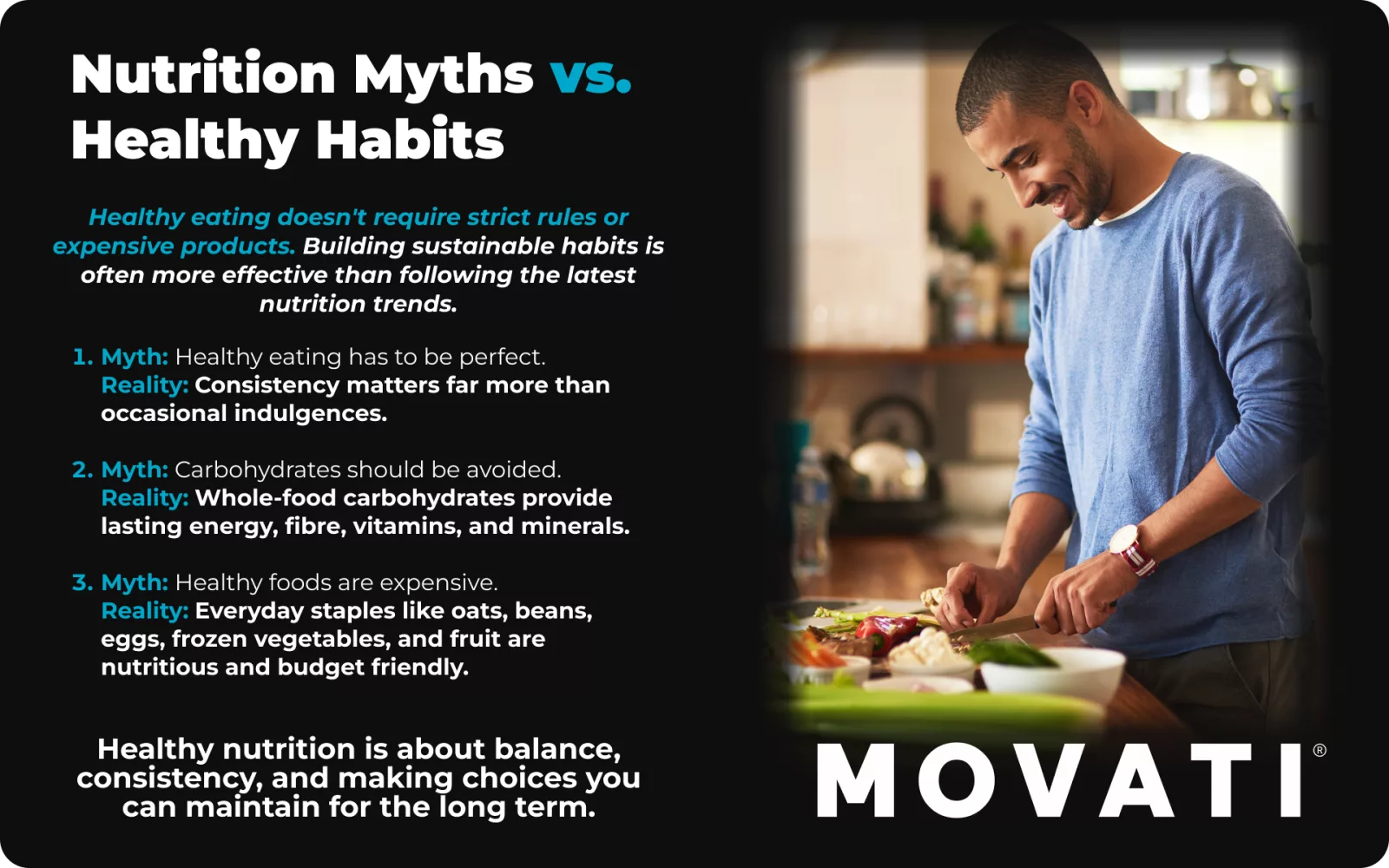 Man preparing vegetables in a kitchen, highlighting healthy eating habits with text on nutrition myths and facts.