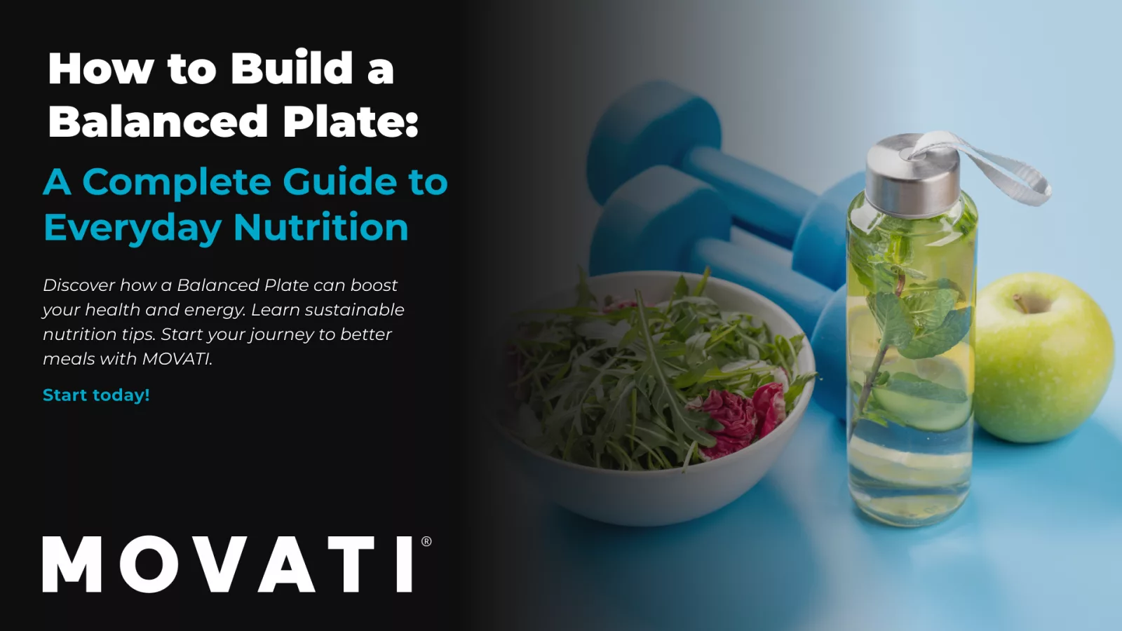 Balanced Plate with fresh salad, infused water, and dumbbells promoting healthy nutrition and fitness.