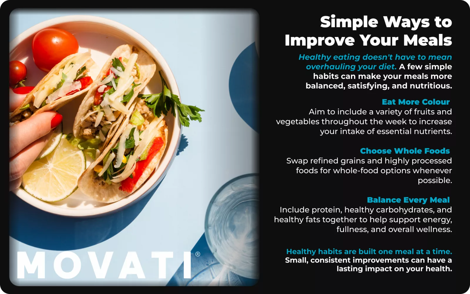 Balanced plate with tacos, vegetables, and a glass of water on a blue table.