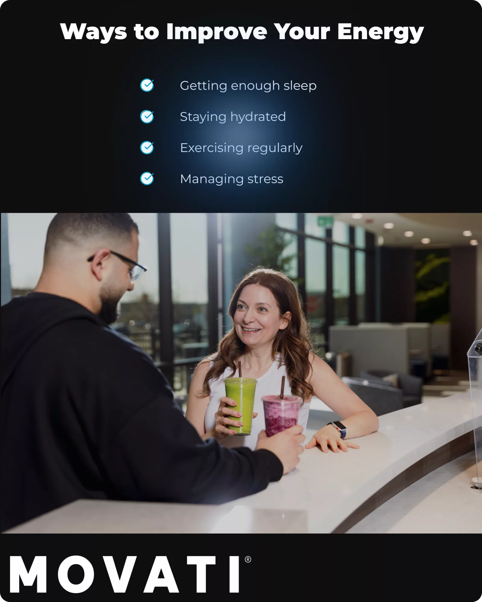 Man and woman enjoying smoothies at a gym promoting nutrition for better energy.