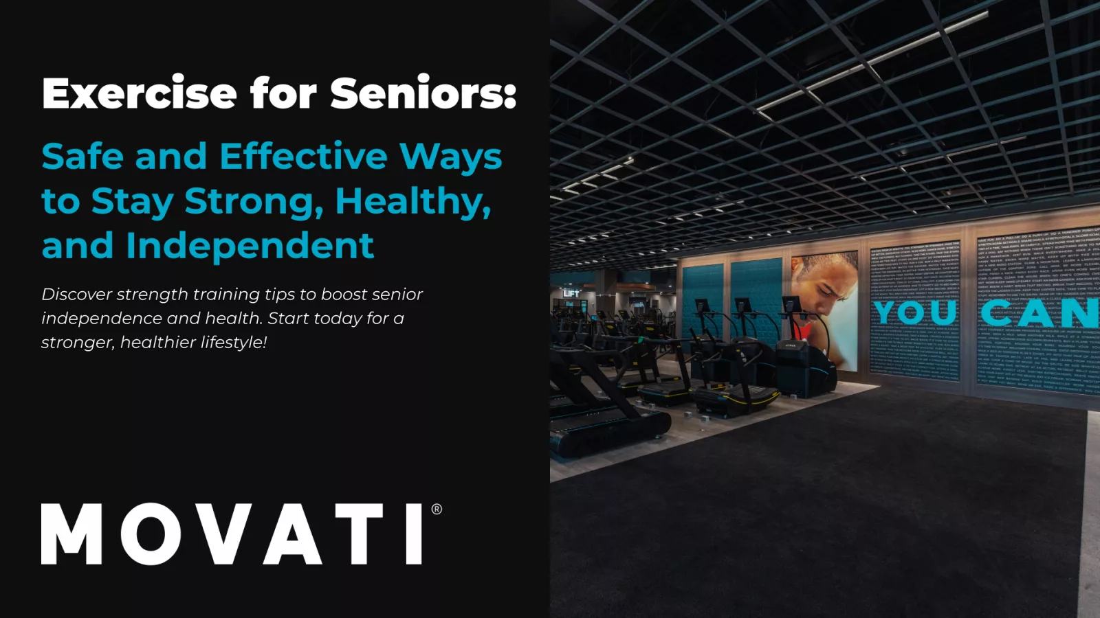 Exercise for seniors in a modern gym setting with motivational posters and exercise equipment.