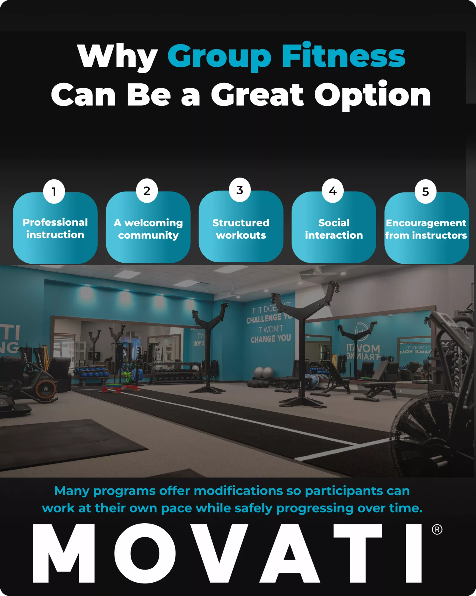 Group fitness benefits in a gym setting, highlighting exercise for seniors with professional instruction and community support.