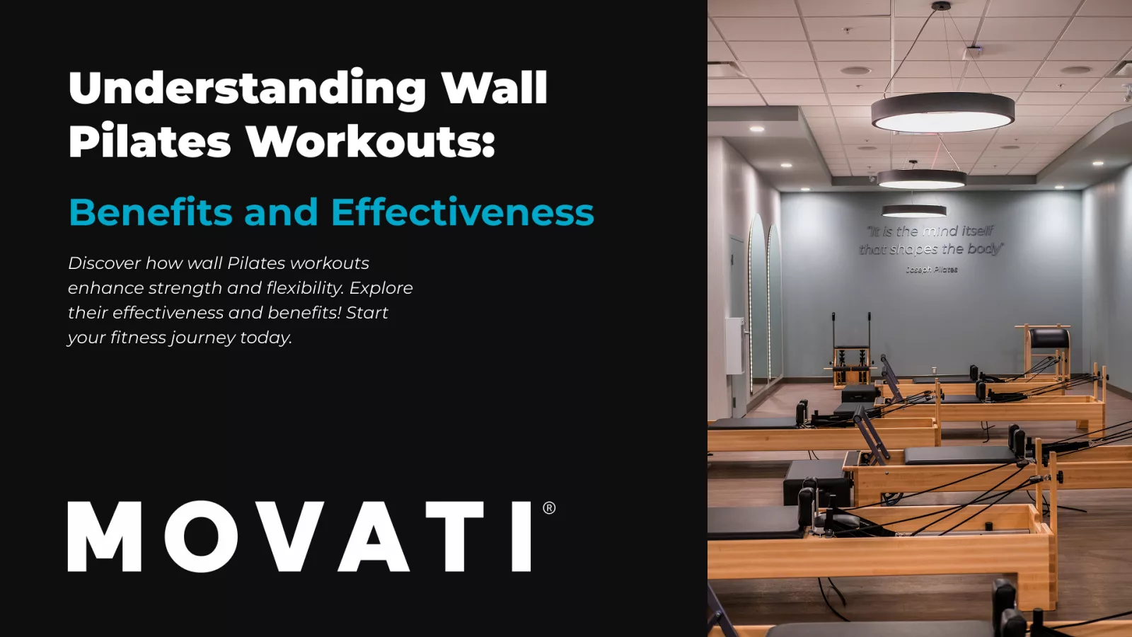 Wall Pilates workouts studio showcasing reformer equipment and motivational quotes.