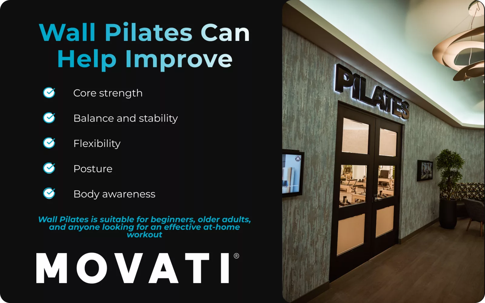 Entrance to a Pilates studio with text highlighting the benefits of wall pilates workouts for core strength and flexibility.