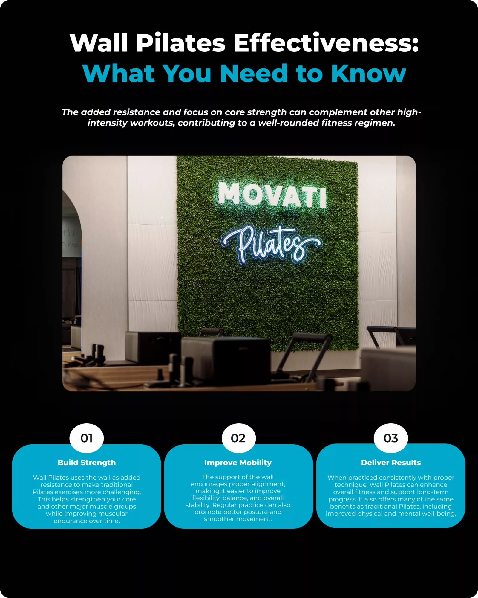 Wall Pilates workouts information board in a fitness studio with key benefits highlighted.