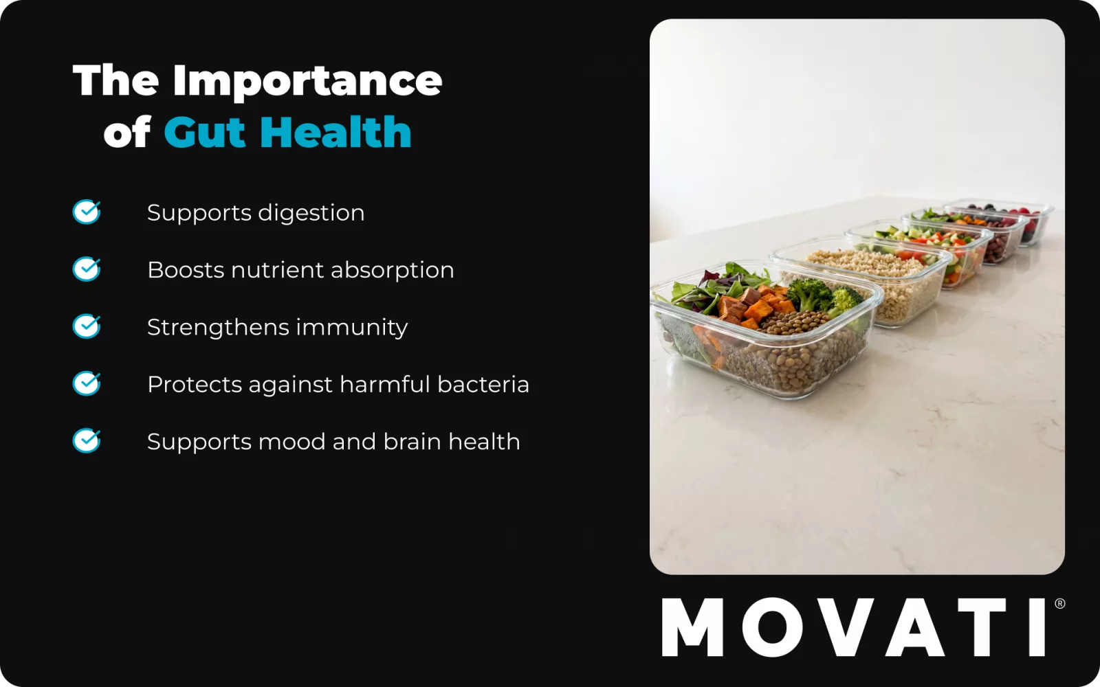 Containers of gut healthy foods with text highlighting digestion and wellness benefits.