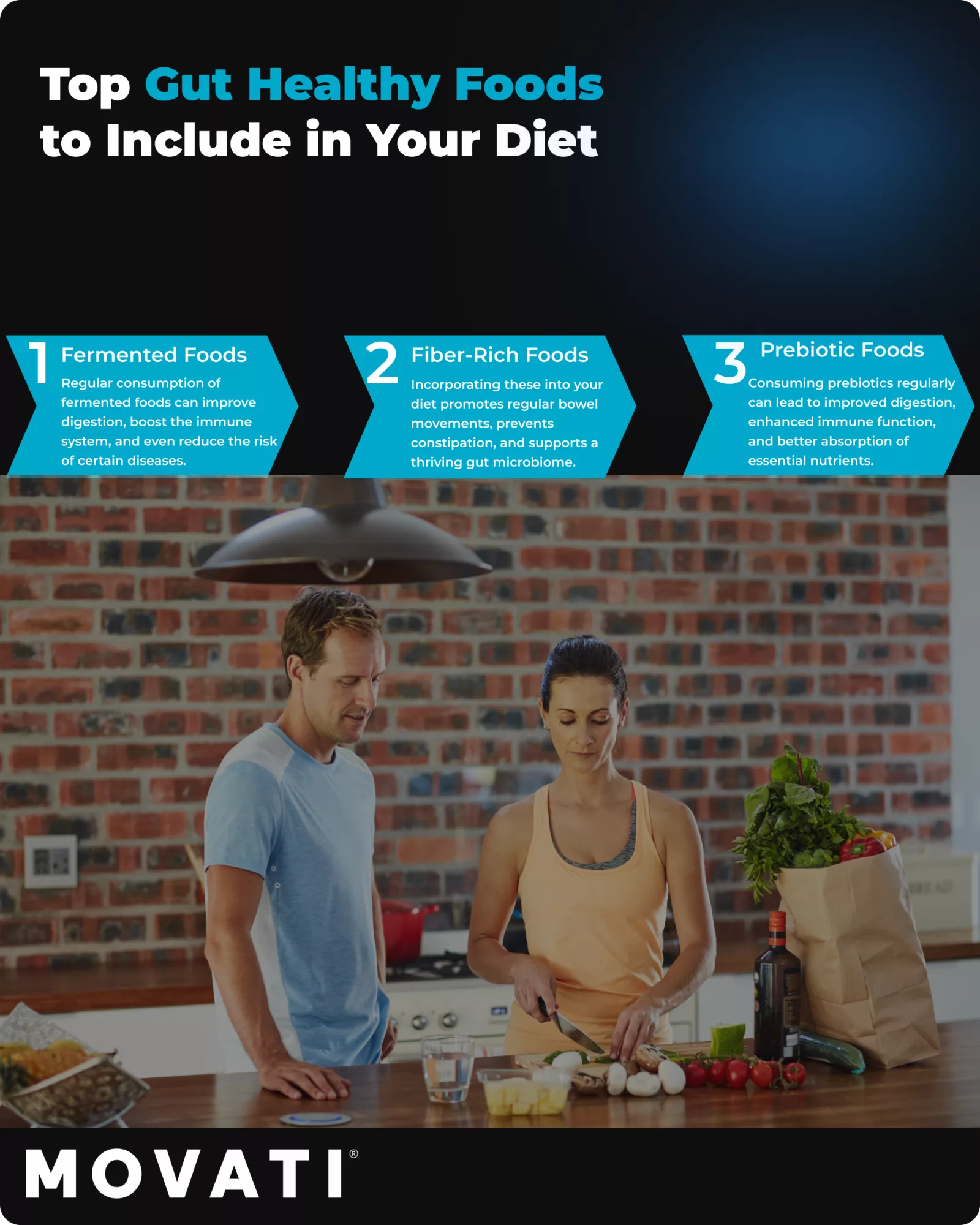 Couple preparing gut healthy foods with emphasis on fermented, fiber-rich, and prebiotic options for digestion and wellness.