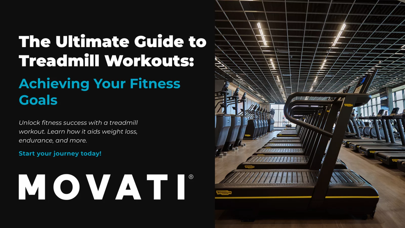 Row of treadmills in a gym, promoting the benefits of a treadmill workout for achieving fitness goals.