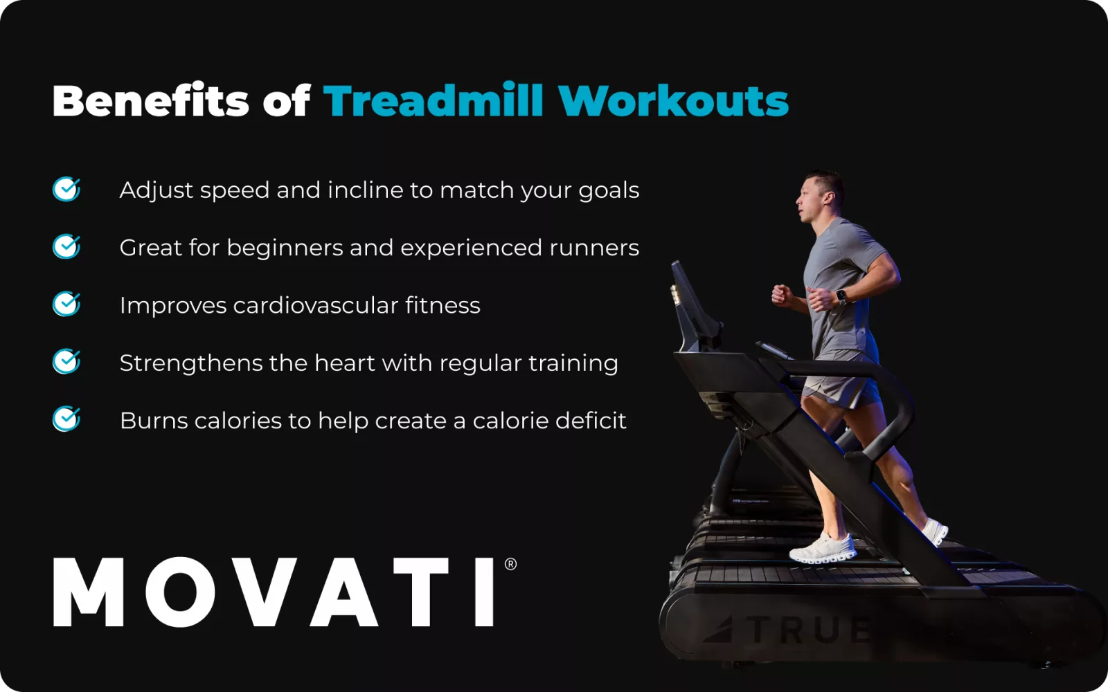 Man running on treadmill with benefits of treadmill workouts listed, highlighting cardiovascular fitness and calorie burning.