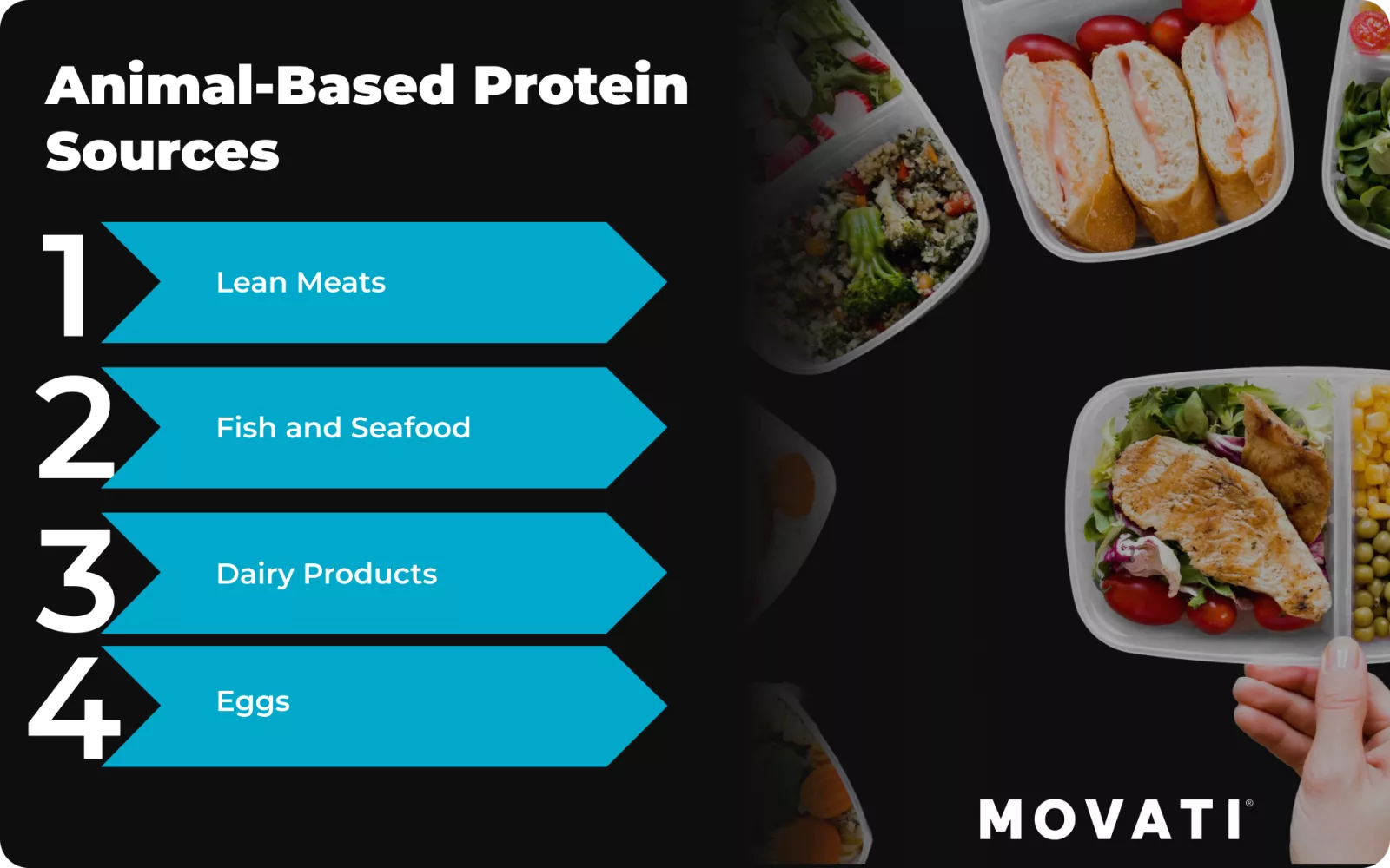Animal-based good sources of protein include lean meats, fish, dairy, and eggs, shown alongside healthy meal dishes.