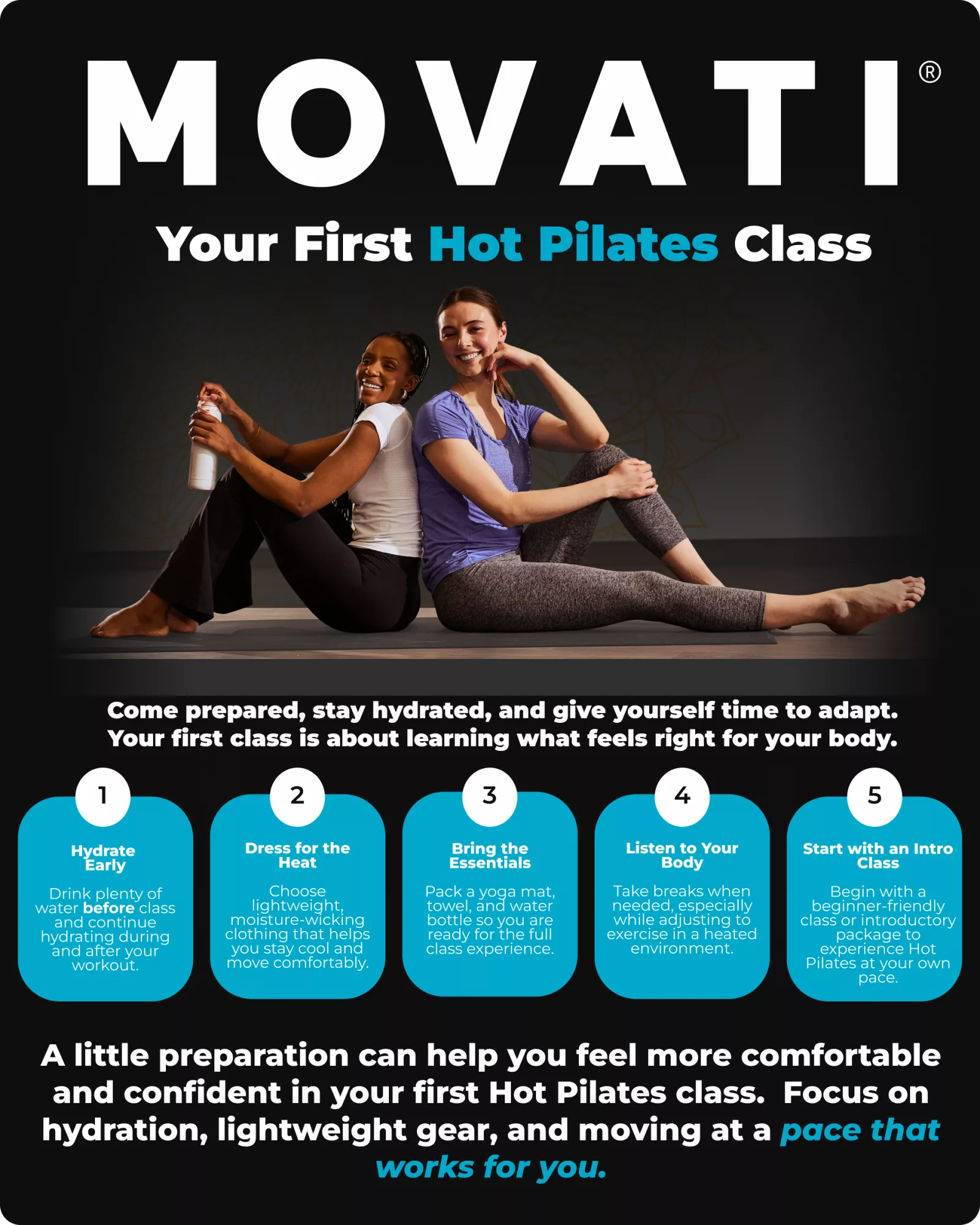 Two women in workout attire sit back-to-back smiling, promoting a hot pilates class with preparation tips.