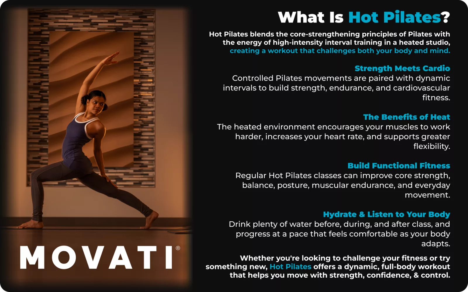 Person practicing hot pilates in a studio, emphasizing strength and cardio benefits.