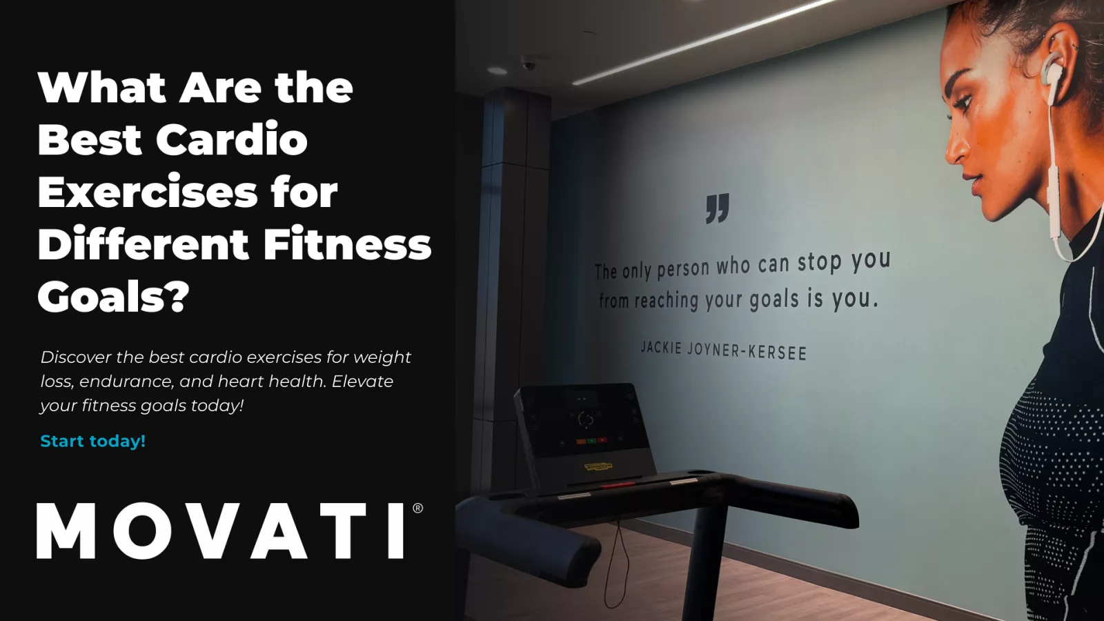 Treadmill in a gym with motivational quote on the wall, highlighting best cardio exercises for fitness goals.