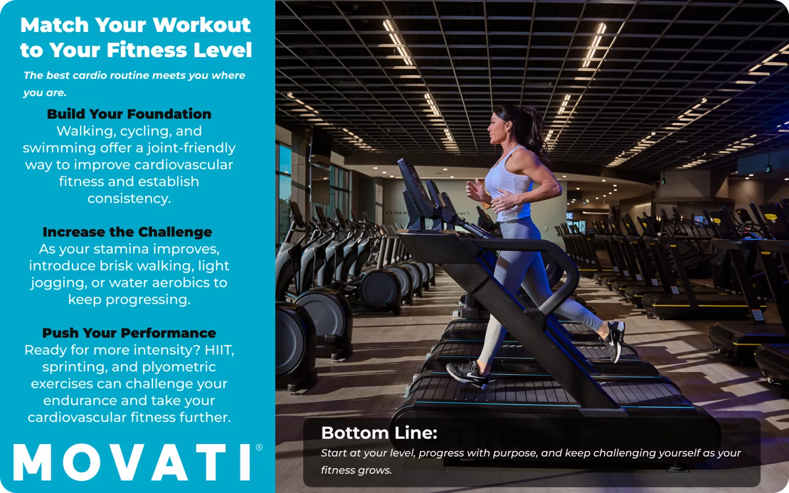 Woman running on a treadmill in a gym, illustrating best cardio exercises for fitness progression.
