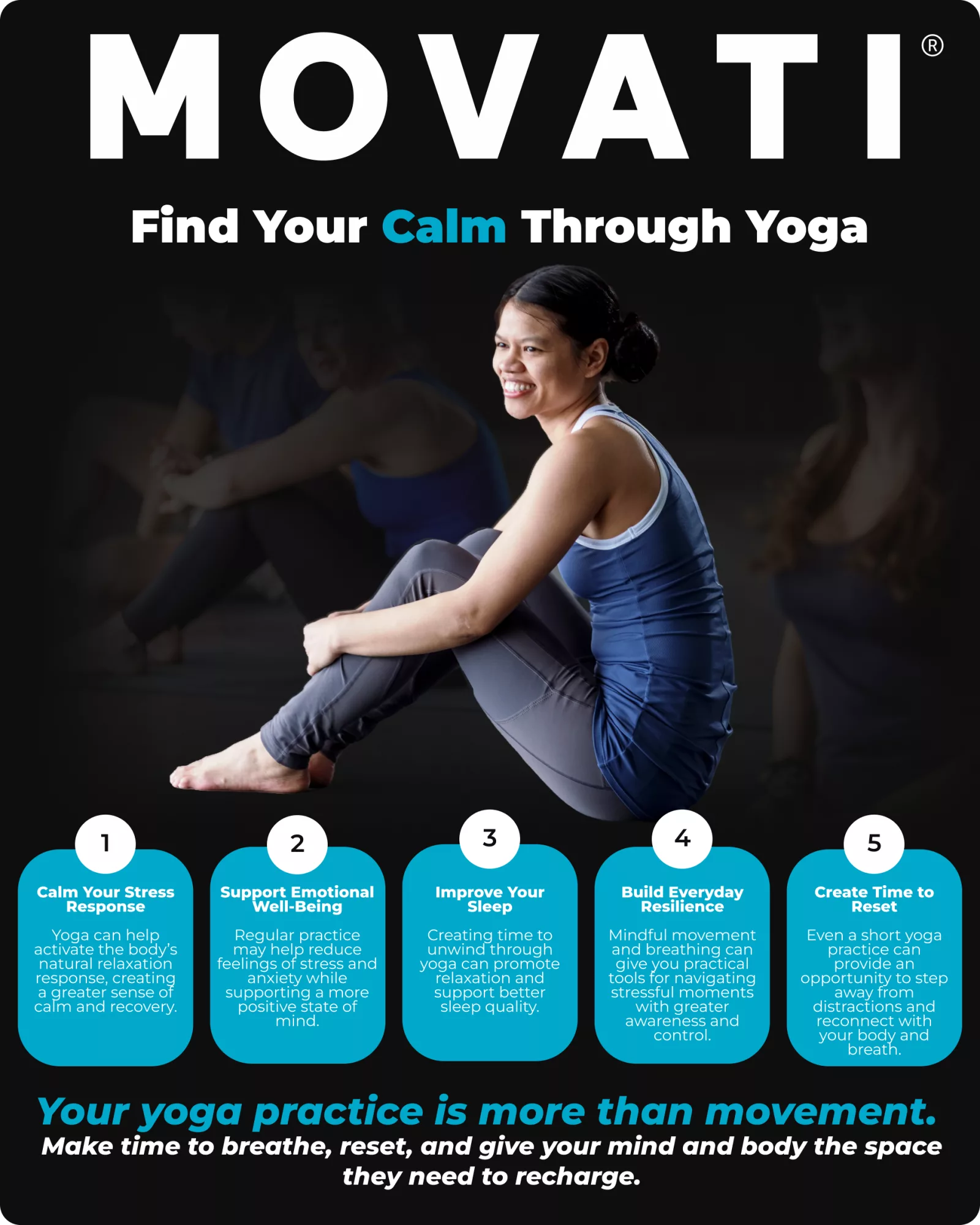 Smiling woman practicing yoga for stress relief with tips for enhancing mental and physical well-being.