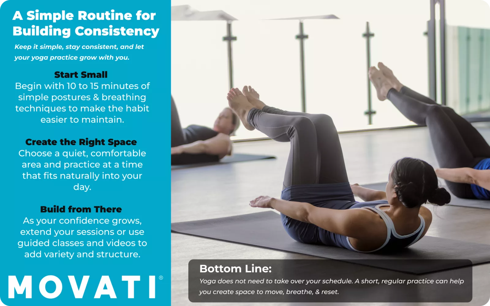 People practicing yoga poses on mats indoors, focusing on yoga for stress relief and building consistency.