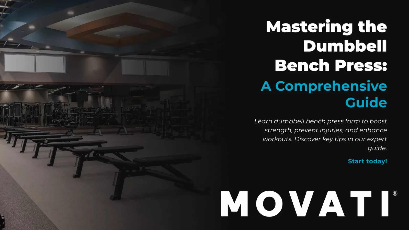 Gym interior with benches and weights, emphasizing a comprehensive guide to mastering the dumbbell bench press.