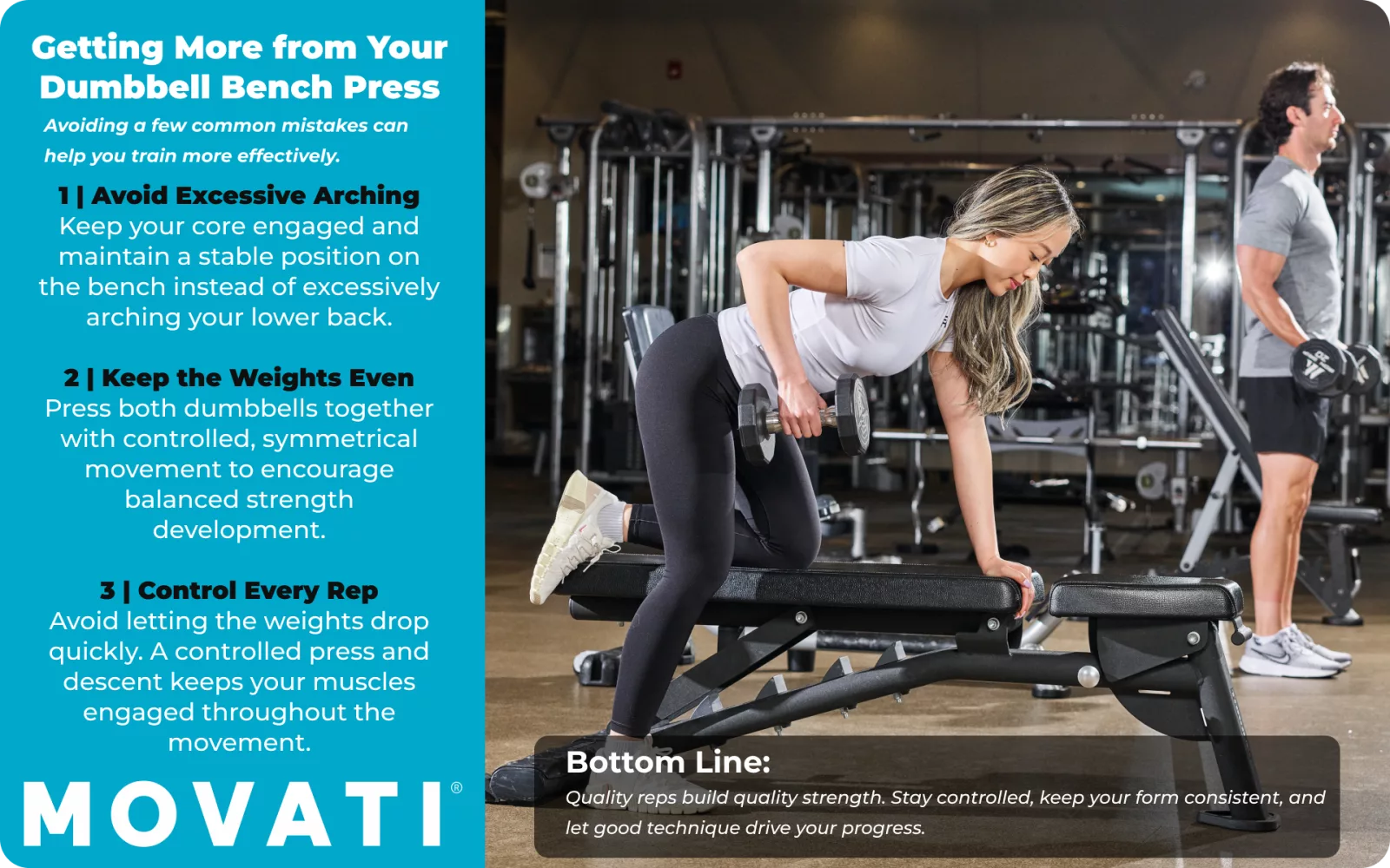 Woman performing dumbbell bench press with proper form at the gym, emphasizing balanced and controlled technique.
