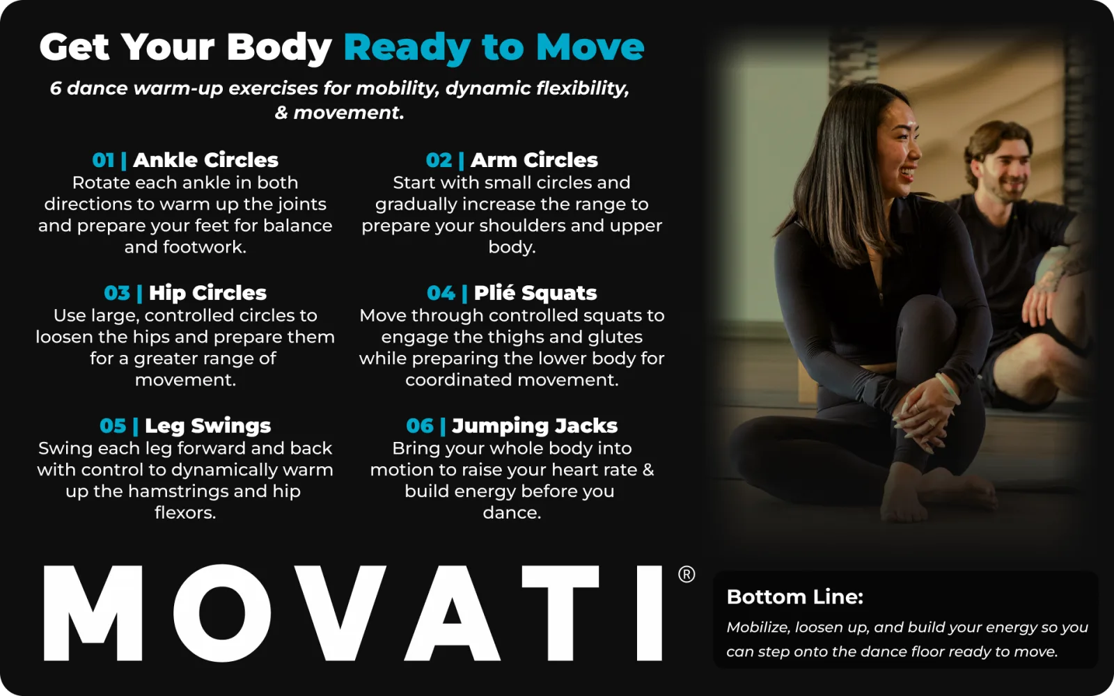 Woman demonstrating dance warm ups with exercise descriptions in a studio setting.