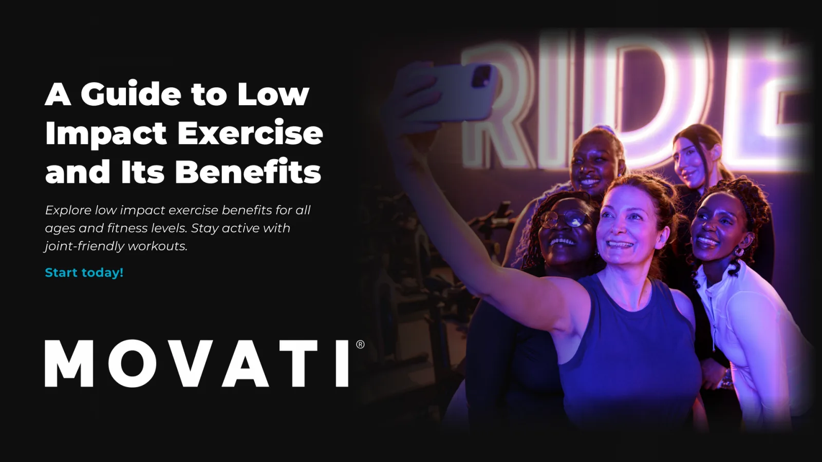 Group of smiling women taking a selfie at a gym, promoting low impact exercise benefits.