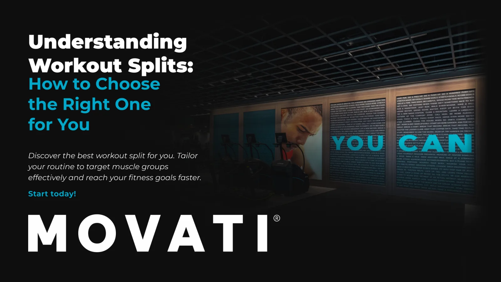 Gym interior with motivational text about choosing the right workout split for effective muscle targeting and fitness goals.