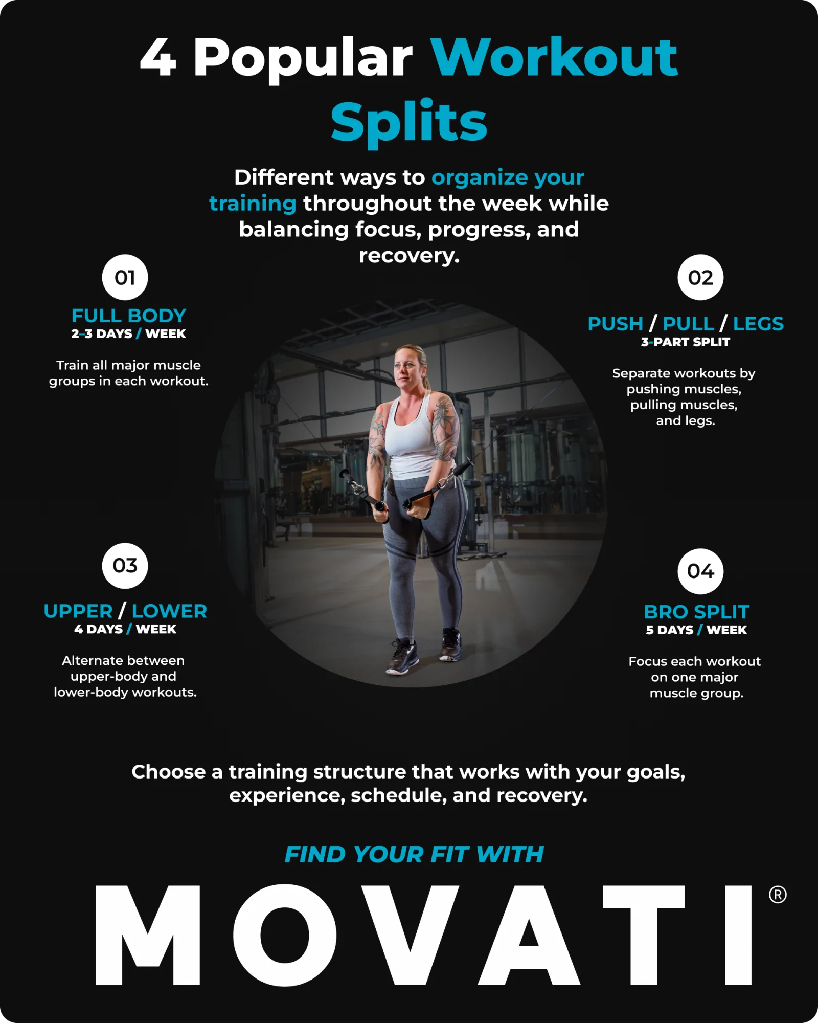 Infographic on four popular workout splits, detailing full body, push/pull/legs, upper/lower, and bro split routines.