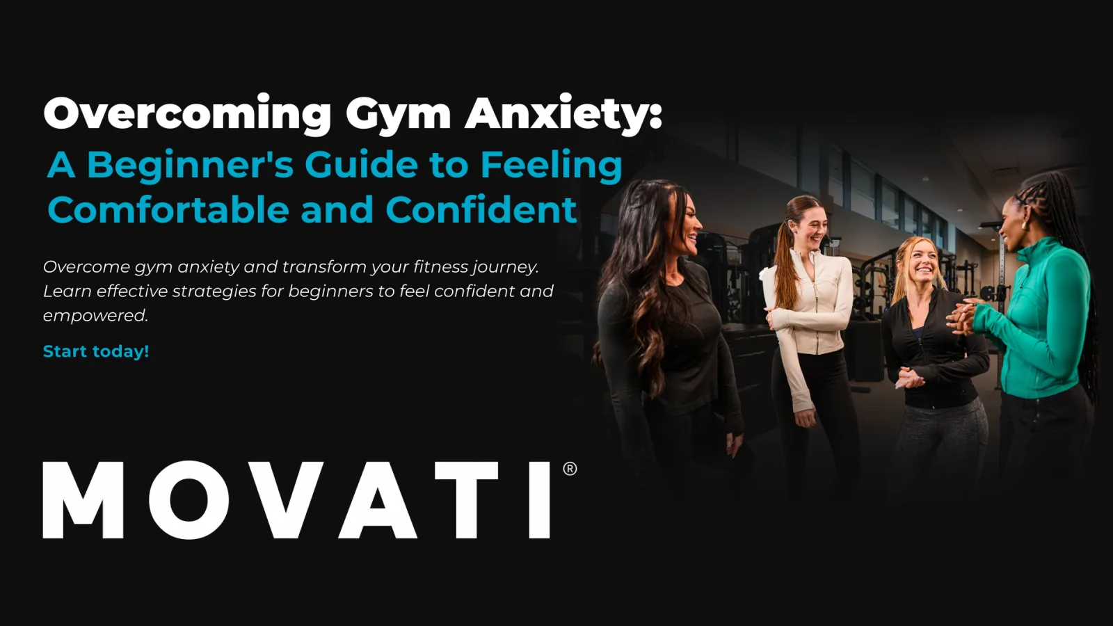 Group of women chatting and smiling at the gym, highlighting gym anxiety solutions for beginners.