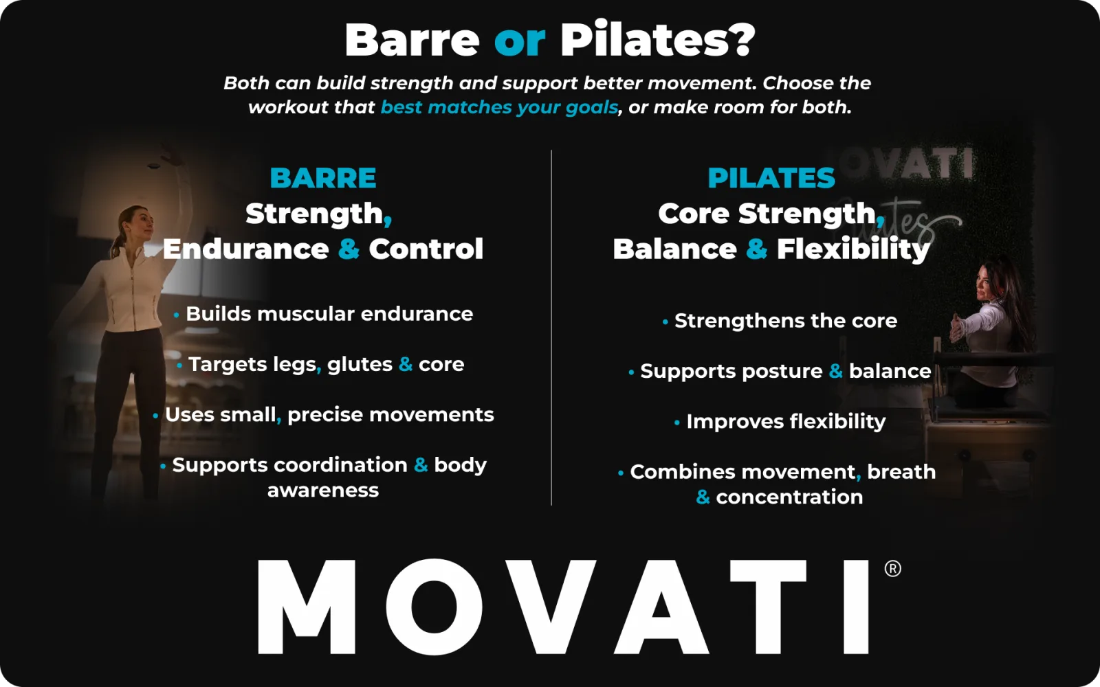 Barre vs Pilates comparison chart highlighting benefits like strength, endurance, flexibility, and core improvement.
