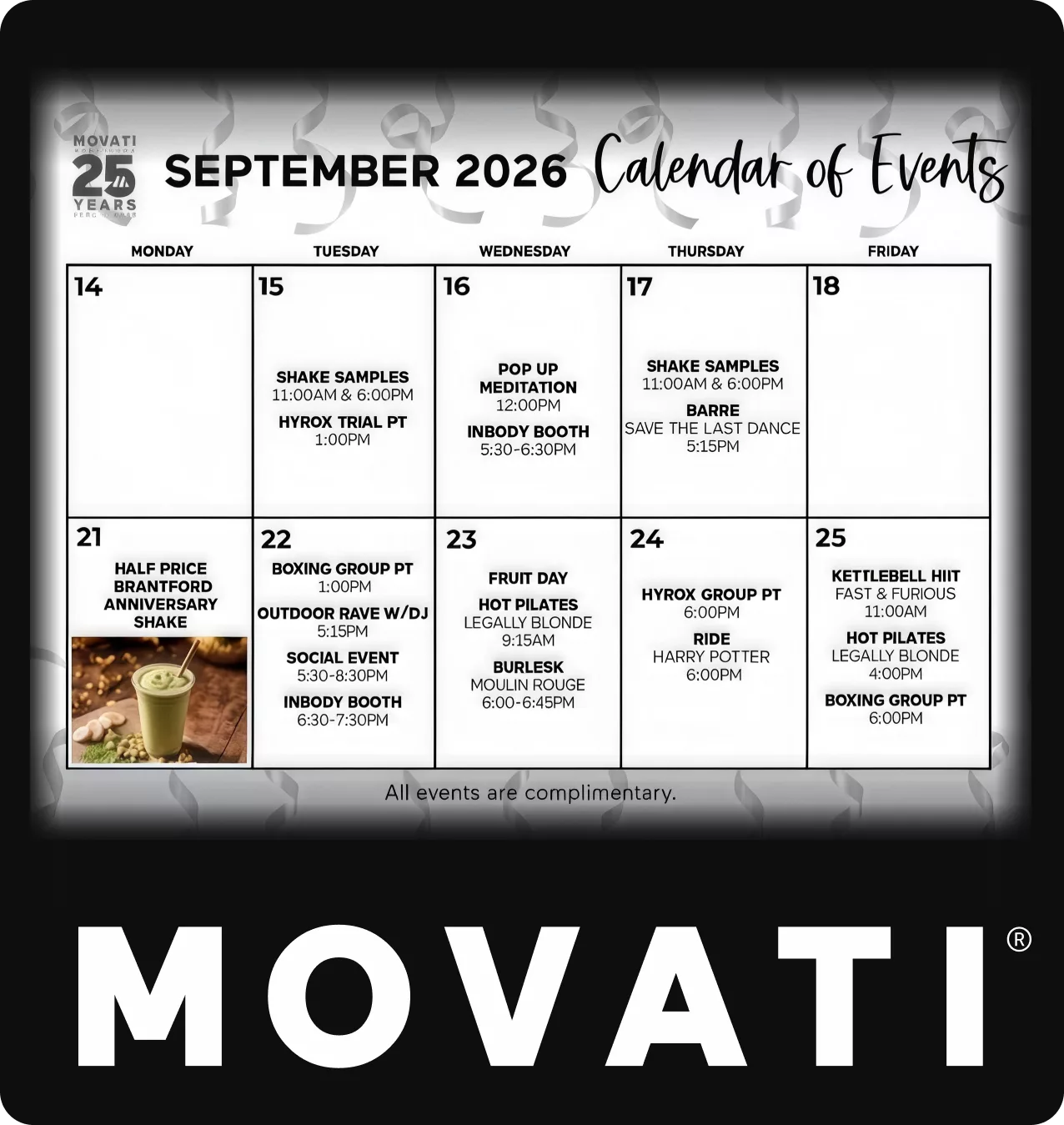 Calendar of events for September 2026 at MOVATI, highlighting the celebrating dedication milestones of Guelph & Brantford anniversary.