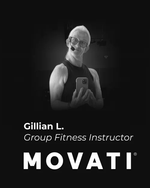Gillian L., a group fitness instructor, celebrating dedication milestones at MOVATI Guelph & Brantford anniversary.