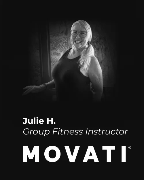 Celebrating dedication milestones at MOVATI Guelph & Brantford anniversary with group fitness instructor, Julie H..