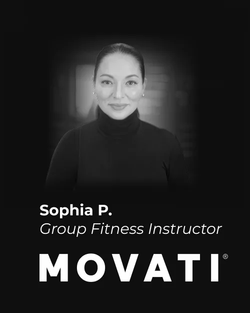 Celebrating dedication milestones at MOVATI Guelph Brantford anniversary with a smiling group fitness instructor named Sophia P.