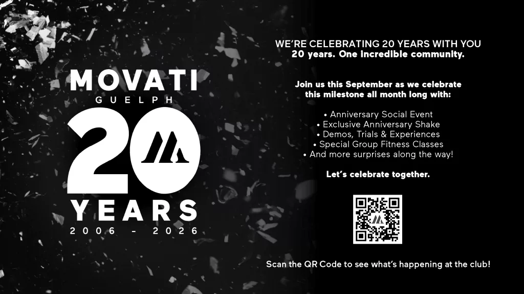 Celebrating dedication milestones MOVATI Guelph Brantford anniversary with 20-year celebration details and QR code.