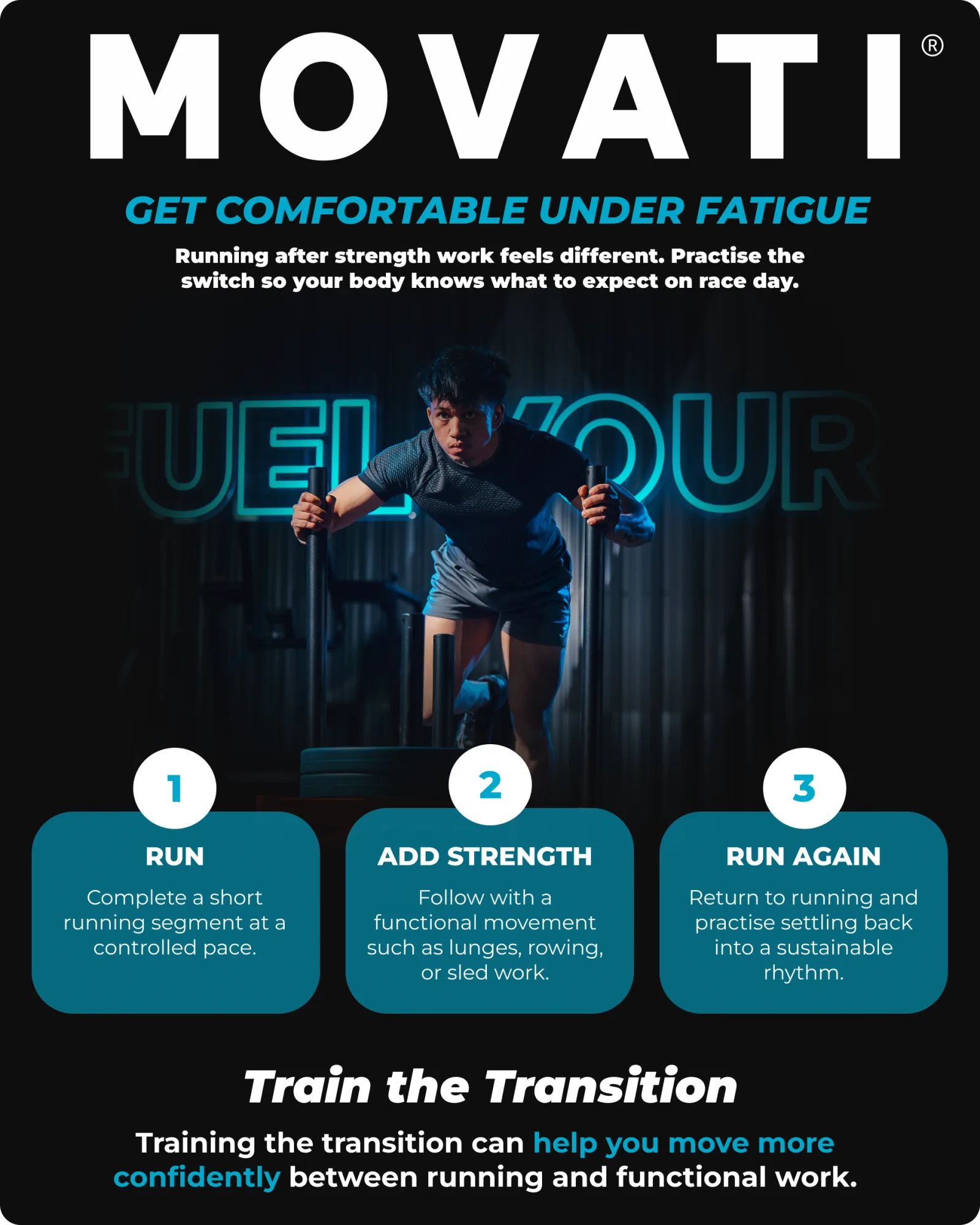 Man engaged in rowing exercise as part of Hyrox training tips, emphasizing transition from running to strength and back.
