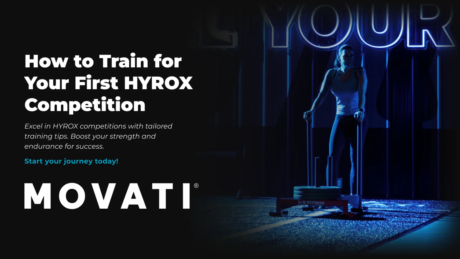 Athlete training with sled push for HYROX competitions in a dimly lit gym environment.