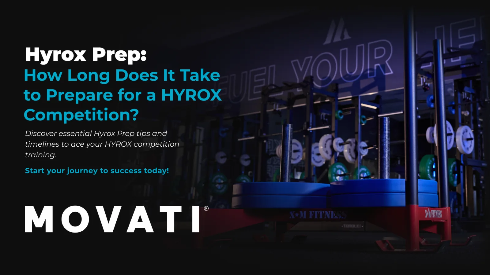 Hyrox Prep tips and timelines displayed in a gym setting with fitness equipment in the background.